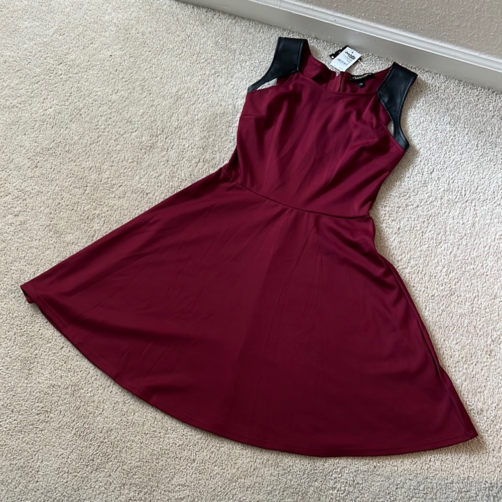 BNWT Size Small Charlotte Russe Maroon Cocktail Dress with Black Faux Leather